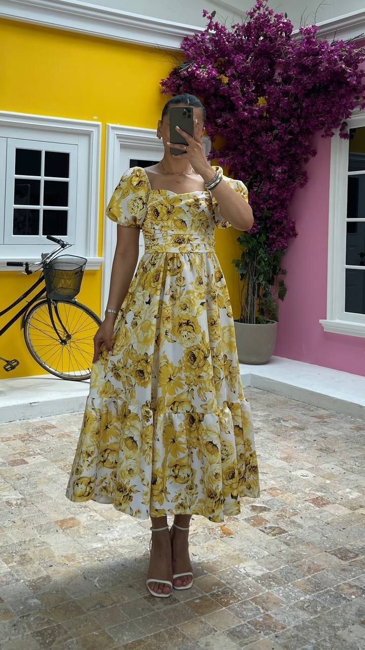 3749-SARI  BÜYÜK GÜL DESEN GİPELİ ELBİSE