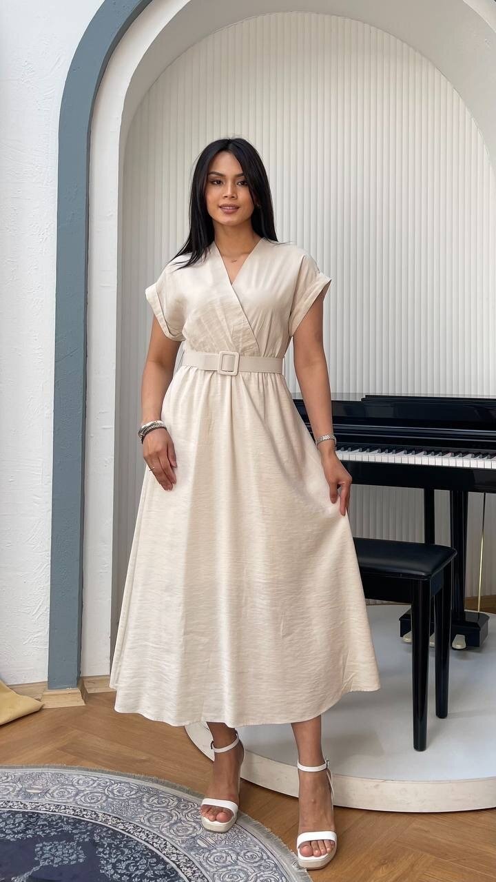 3751-BEJ KETEN ANVELOK KEMERLİ ELBİSE