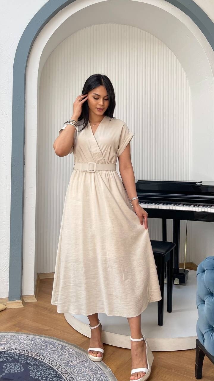 3751-BEJ KETEN ANVELOK KEMERLİ ELBİSE