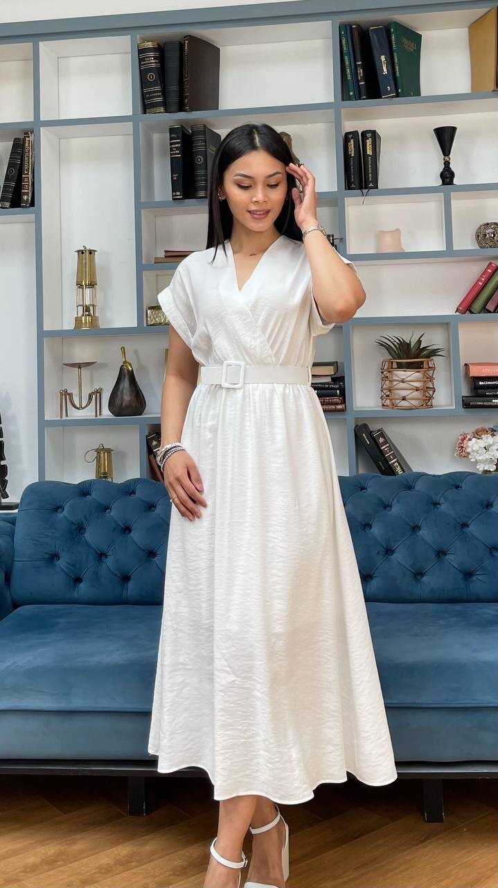 3751-BEYAZ KETEN ANVELOK KEMERLİ ELBİSE