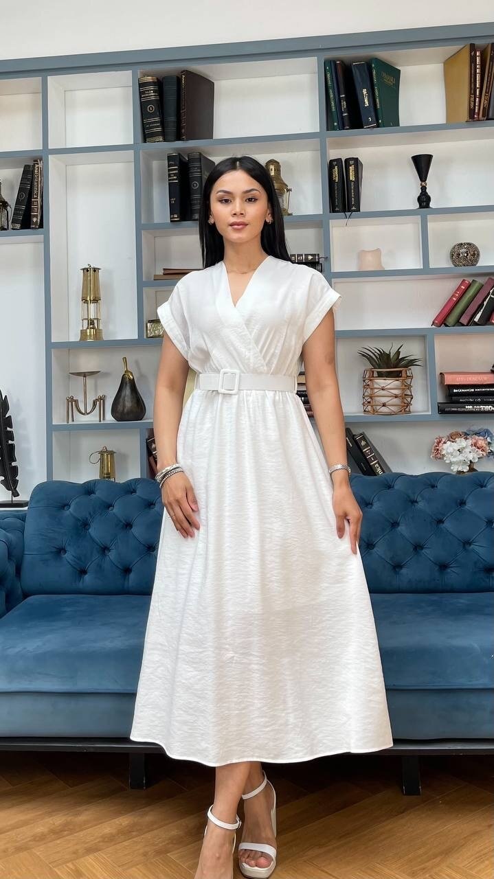 3751-BEYAZ KETEN ANVELOK KEMERLİ ELBİSE