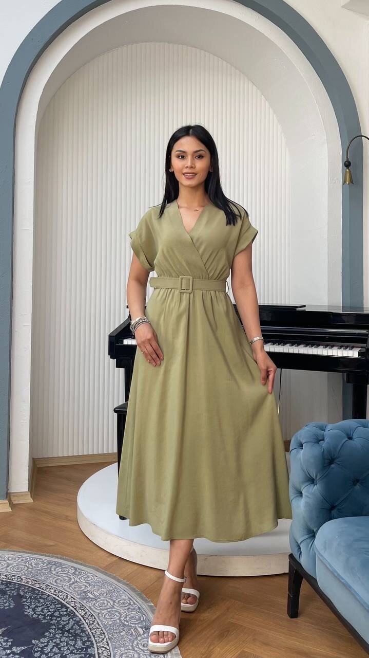 3751-HAKİ KETEN ANVELOK KEMERLİ ELBİSE