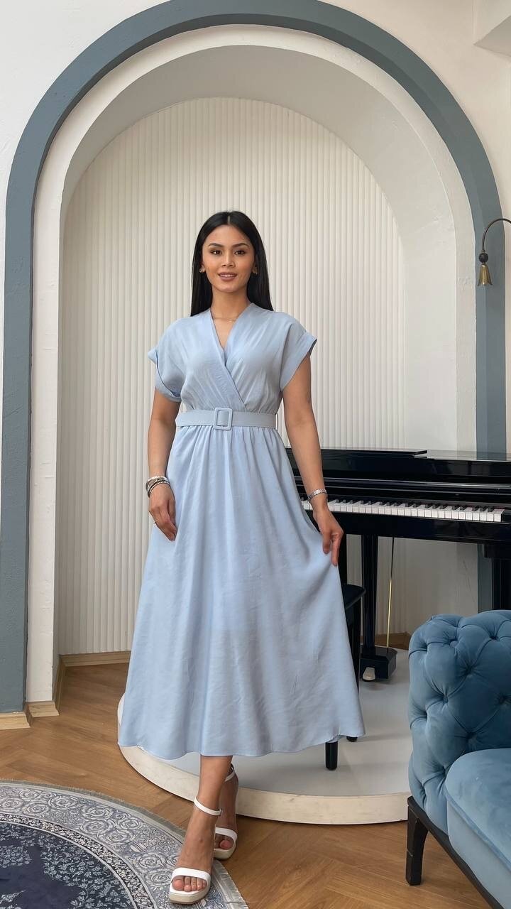 3751-MAVİ KETEN ANVELOK KEMERLİ ELBİSE