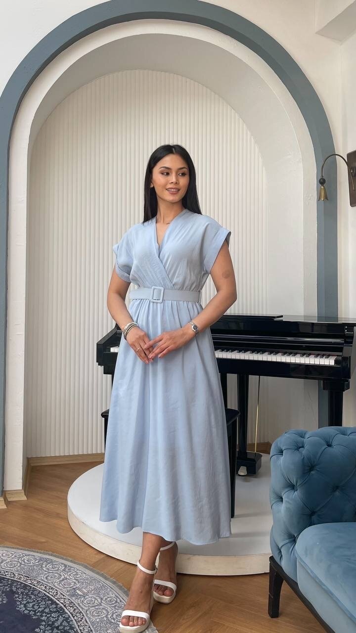 3751-MAVİ KETEN ANVELOK KEMERLİ ELBİSE