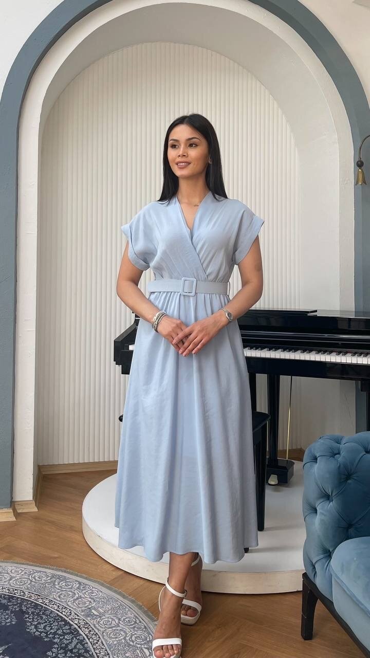 3751-MAVİ KETEN ANVELOK KEMERLİ ELBİSE