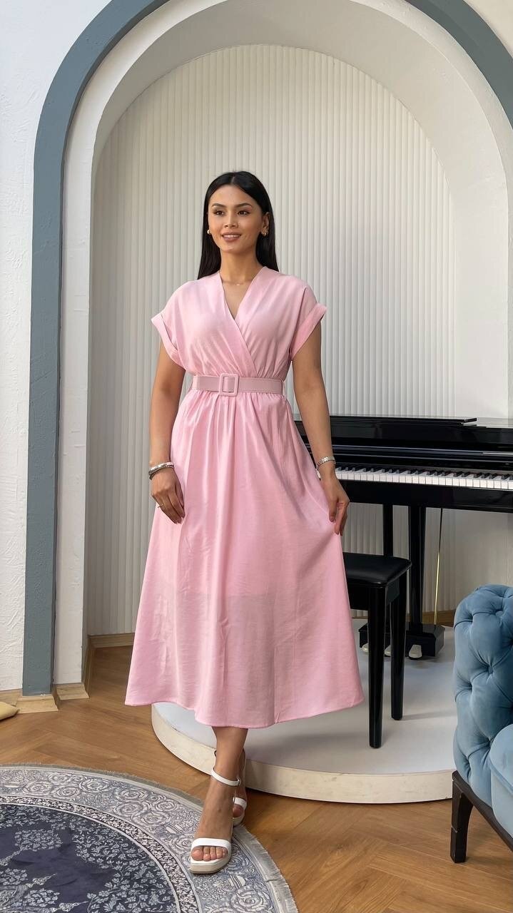 3751-PEMBE KETEN ANVELOK KEMERLİ ELBİSE