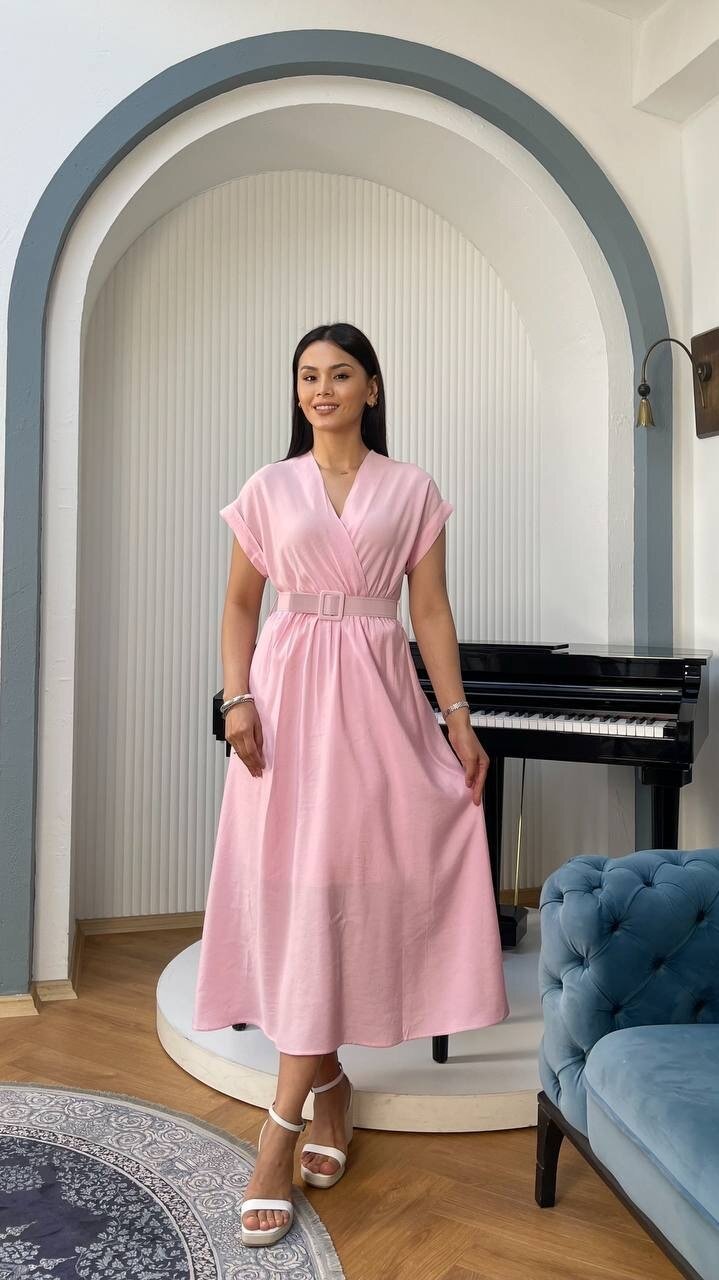 3751-PEMBE KETEN ANVELOK KEMERLİ ELBİSE