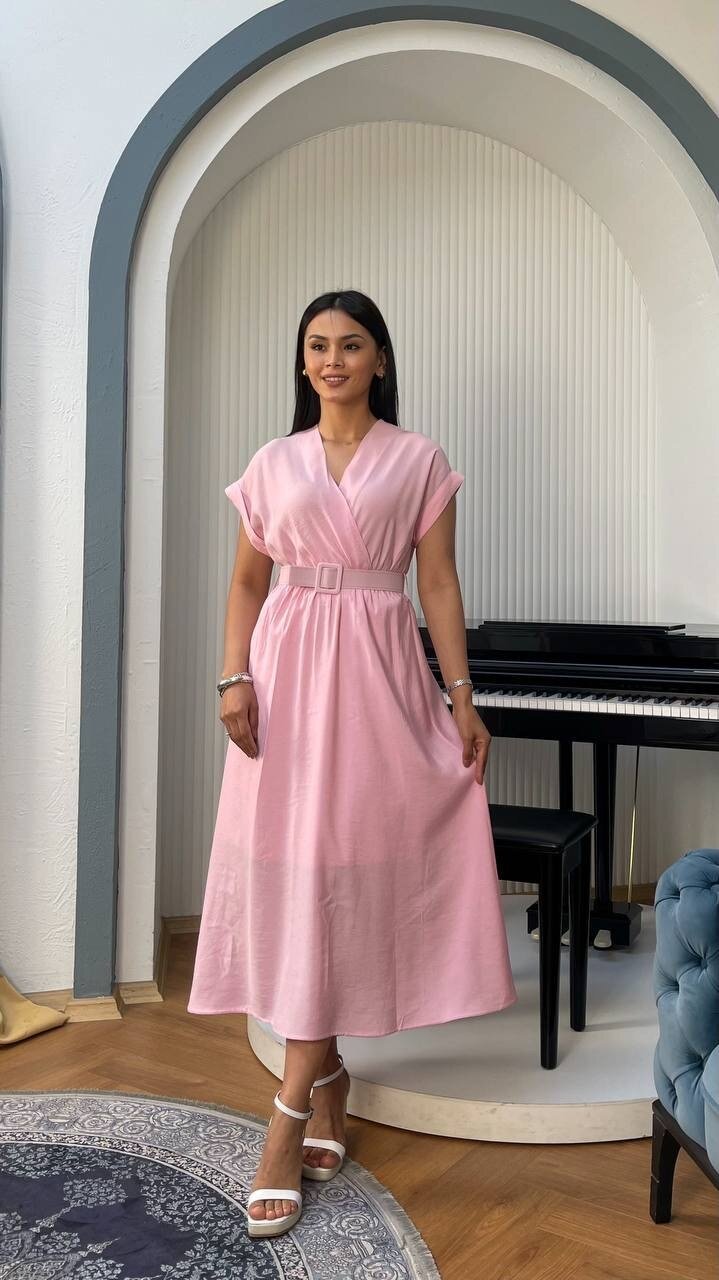 3751-PEMBE KETEN ANVELOK KEMERLİ ELBİSE