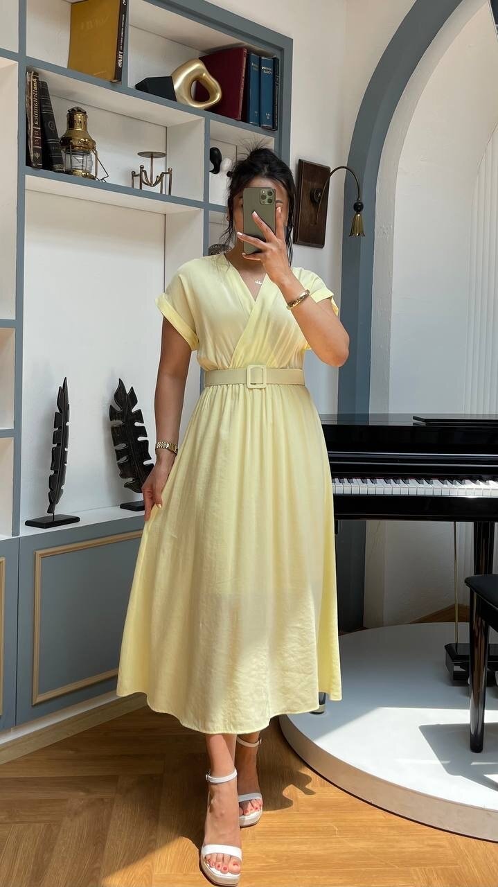 3751-SARI KETEN ANVELOK KEMERLİ ELBİSE