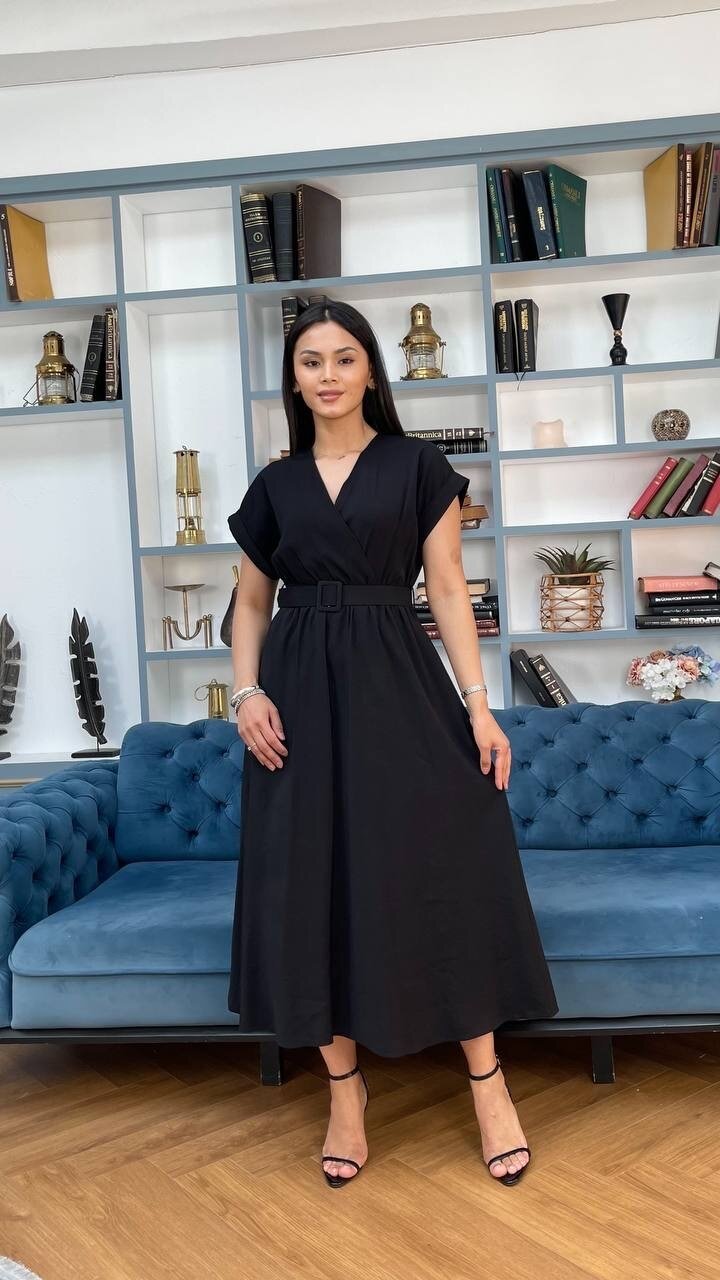 3751-SİYAH KETEN ANVELOK KEMERLİ ELBİSE