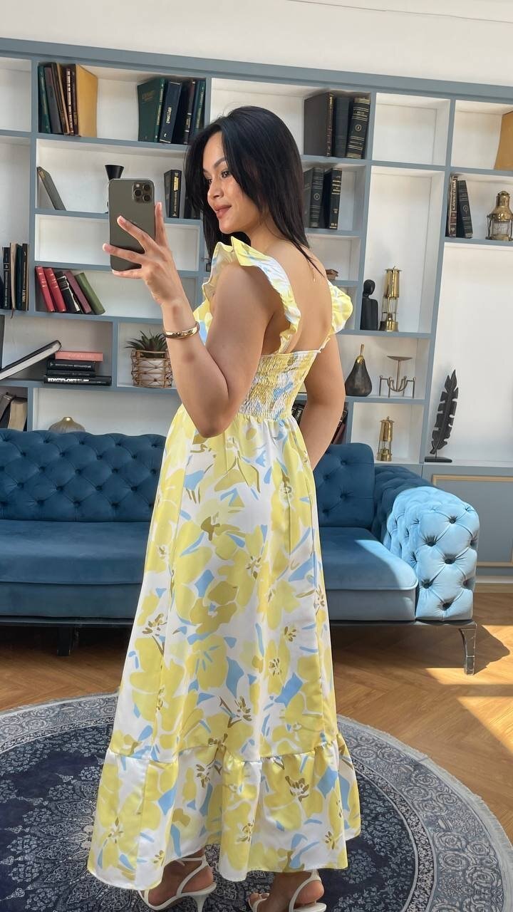 3752-SARI ÇİÇEK DESEN KOLLARI FIRFIRLI ELBİSE