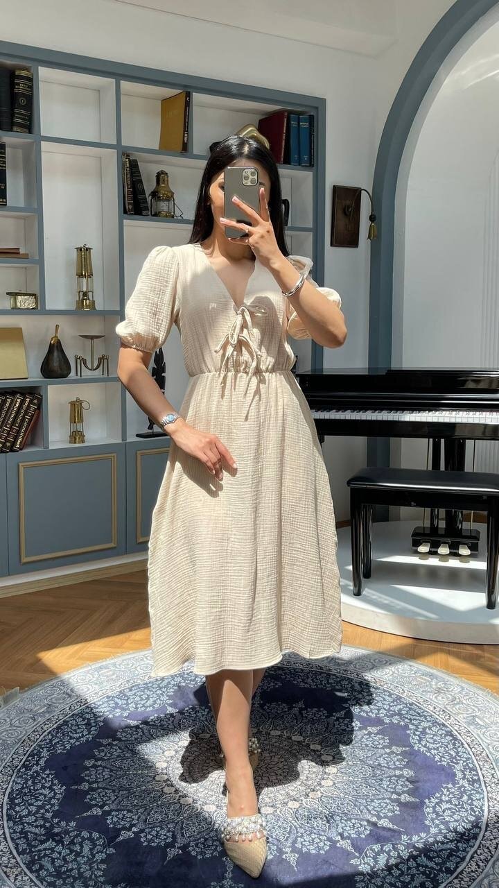 3753-BEJ GÖĞÜS KISMI BAĞLAMA DETAY ELBİSE