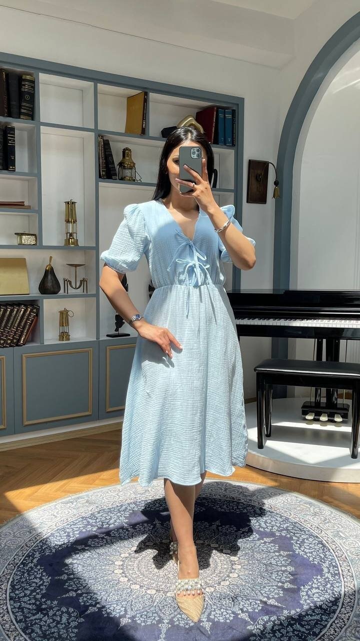 3753-MAVİ GÖĞÜS KISMI BAĞLAMA DETAY ELBİSE