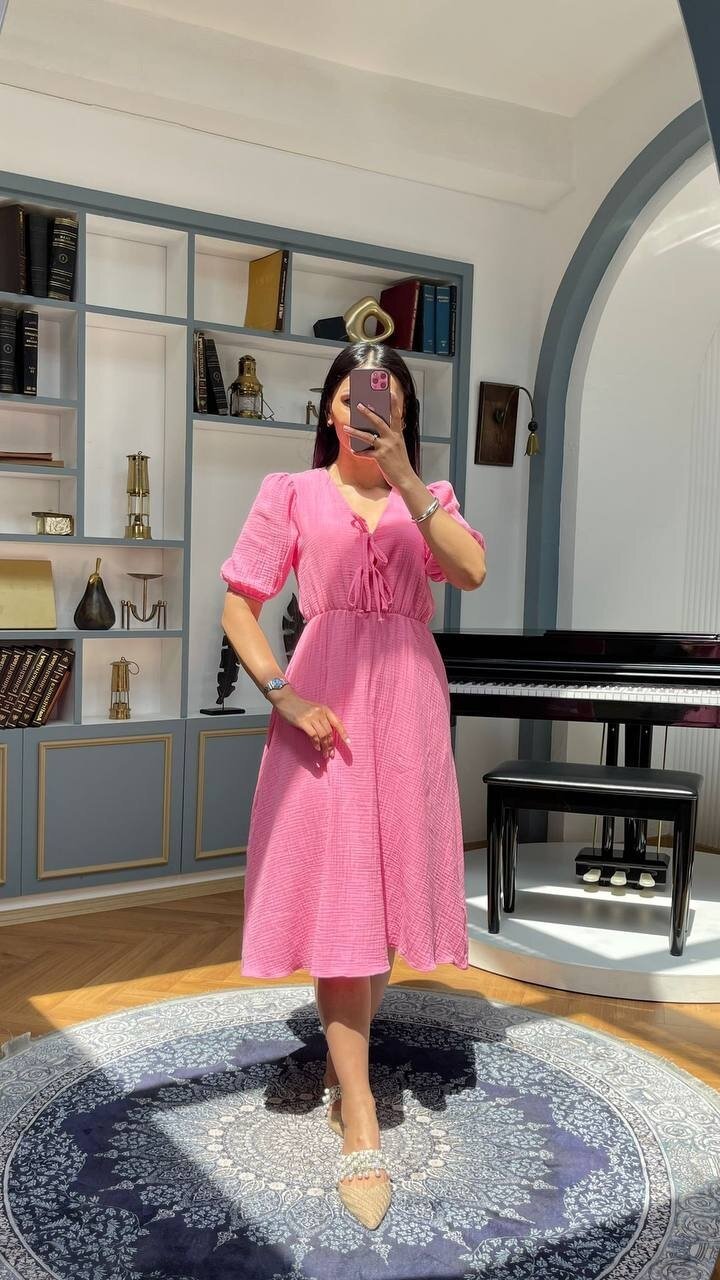 3753-PEMBE GÖĞÜS KISMI BAĞLAMA DETAY ELBİSE