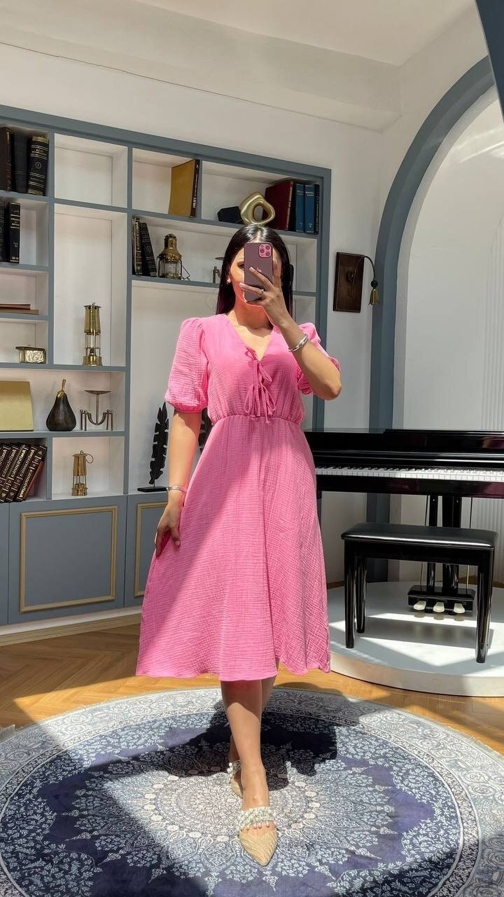 3753-PEMBE GÖĞÜS KISMI BAĞLAMA DETAY ELBİSE