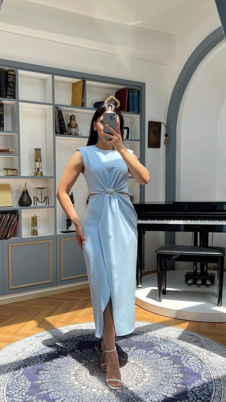 3755-MAVİ BÖBREK PENCERELİ TOKALI ELBİSE