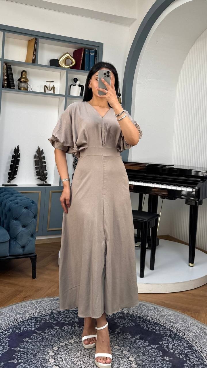 3759-GRİ BALON KOL V YAKA ELBİSE