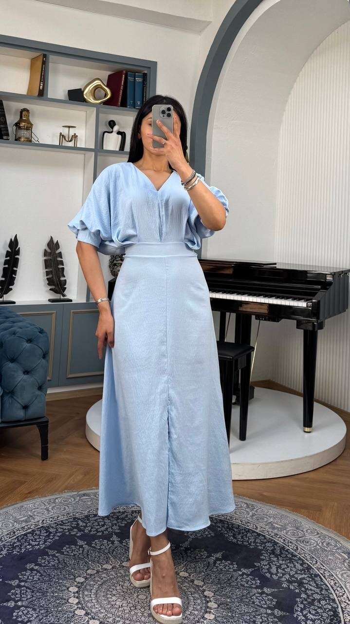 3759-MAVİ BALON KOL V YAKA ELBİSE