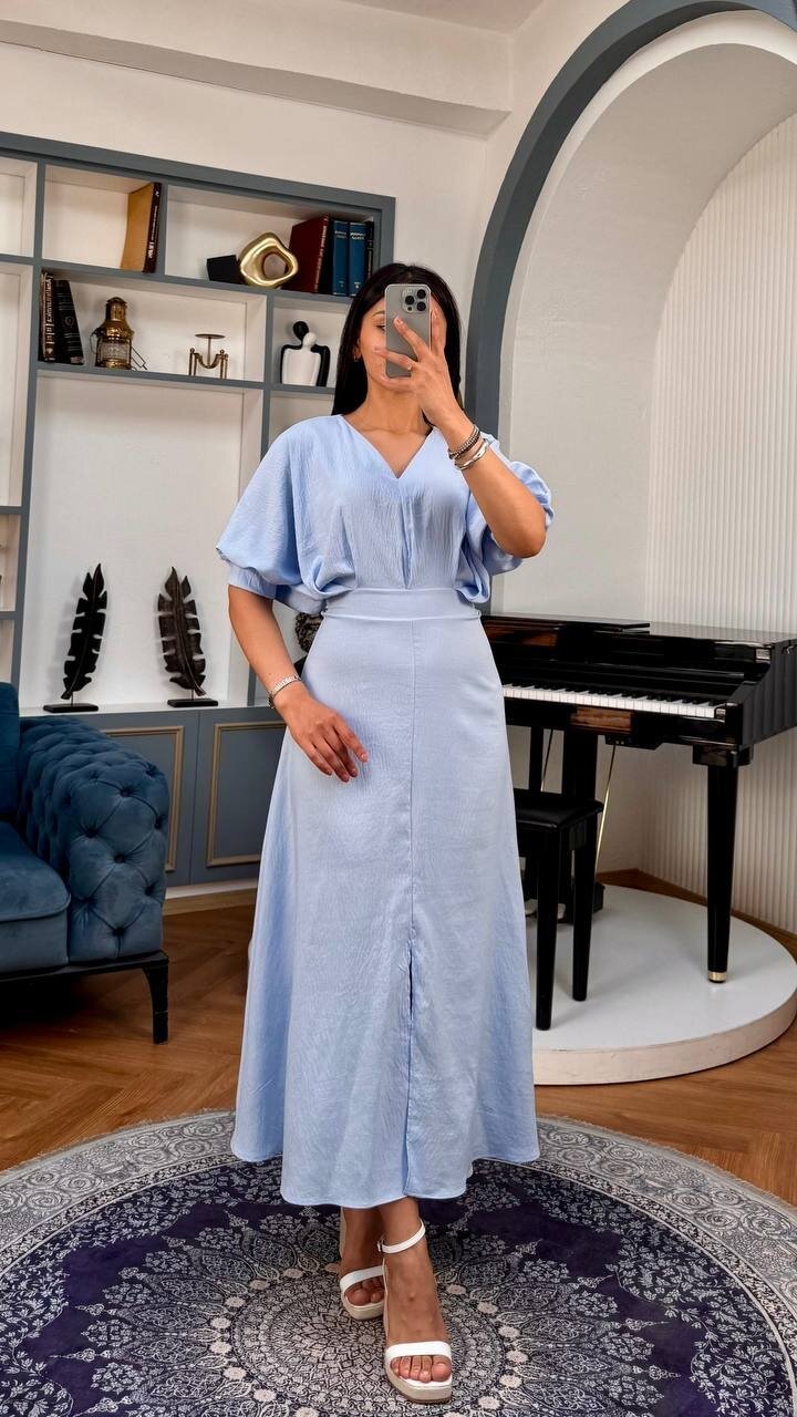 3759-MAVİ BALON KOL V YAKA ELBİSE