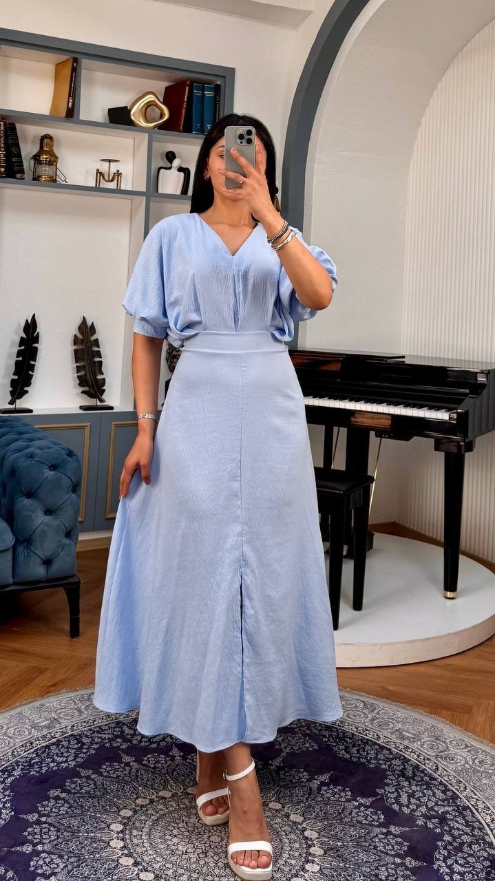 3759-MAVİ BALON KOL V YAKA ELBİSE