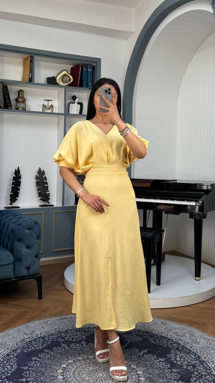 3759-SARI BALON KOL V YAKA ELBİSE