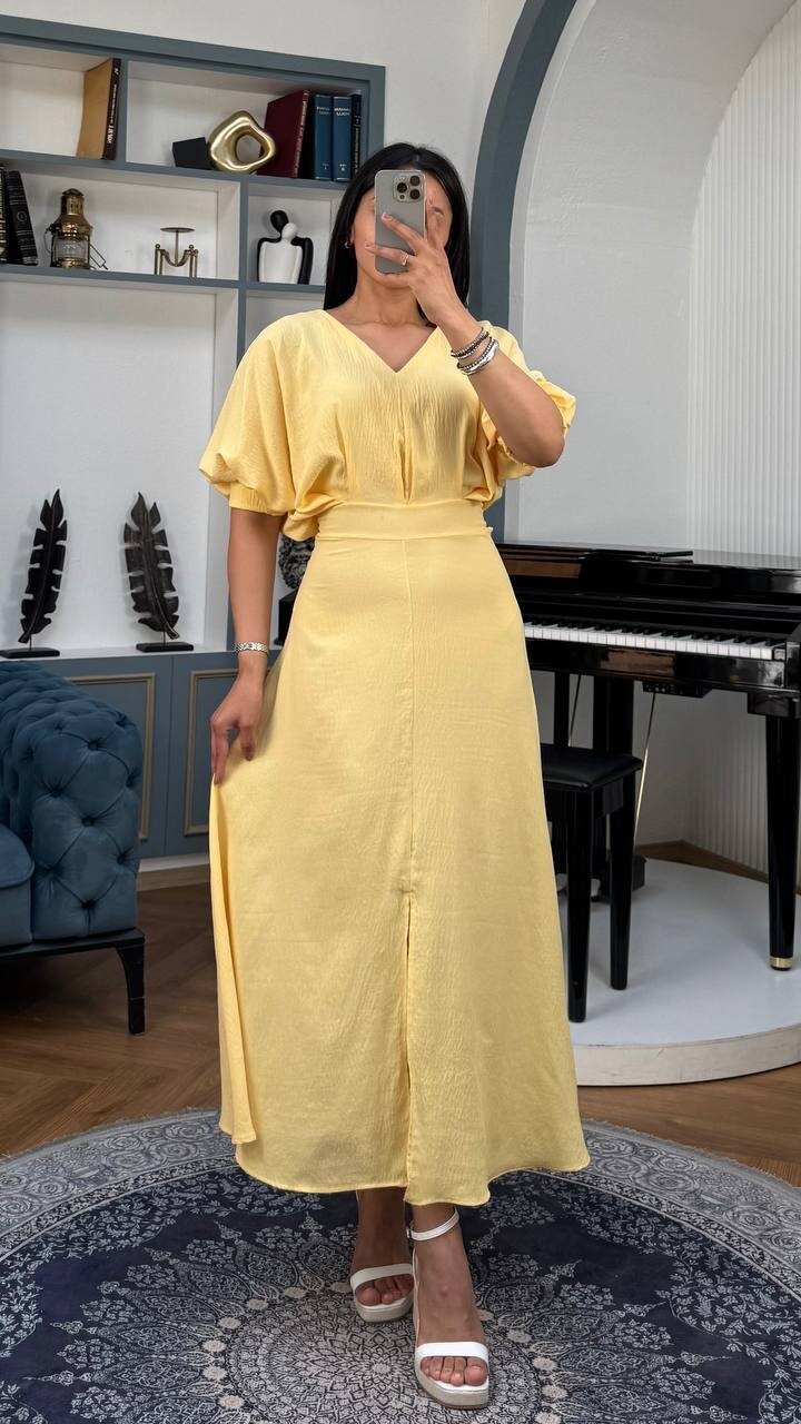 3759-SARI BALON KOL V YAKA ELBİSE