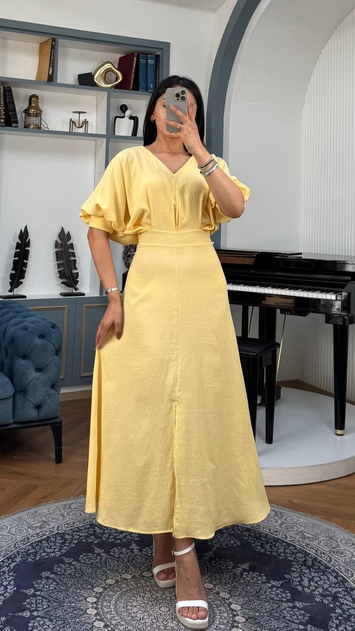 3759-SARI BALON KOL V YAKA ELBİSE