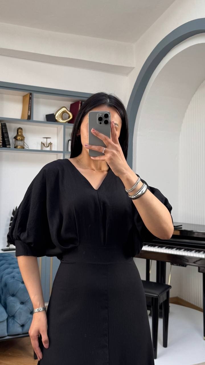 3759-SİYAH BALON KOL V YAKA ELBİSE