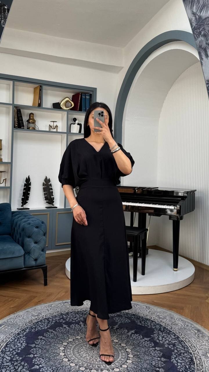 3759-SİYAH BALON KOL V YAKA ELBİSE