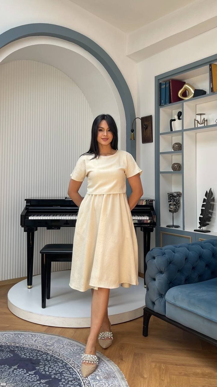 3760-BEJ TAKIM DETAY ELBİSE