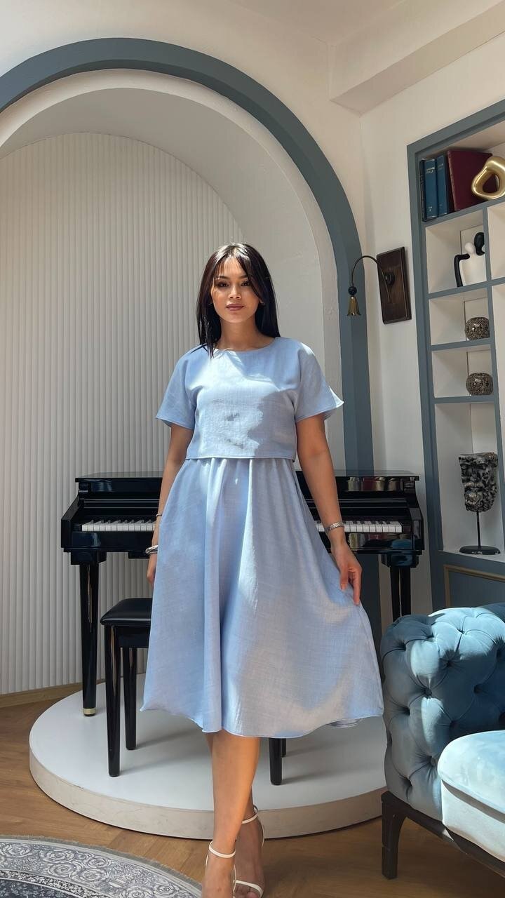 3760-MAVİ TAKIM DETAY ELBİSE