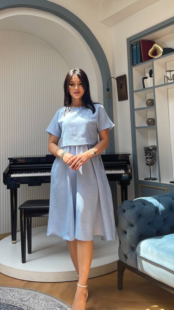 3760-MAVİ TAKIM DETAY ELBİSE