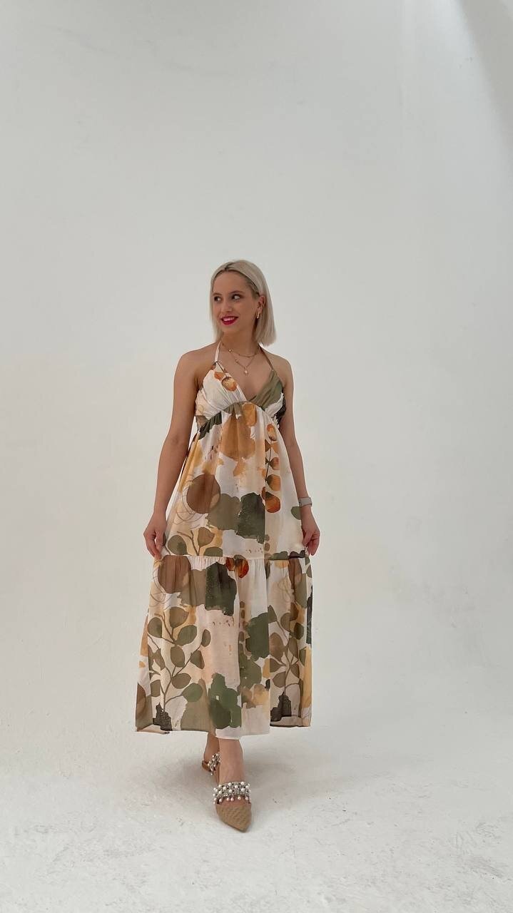 3771-BEJ SIRT BAĞLAMALI ELBİSE