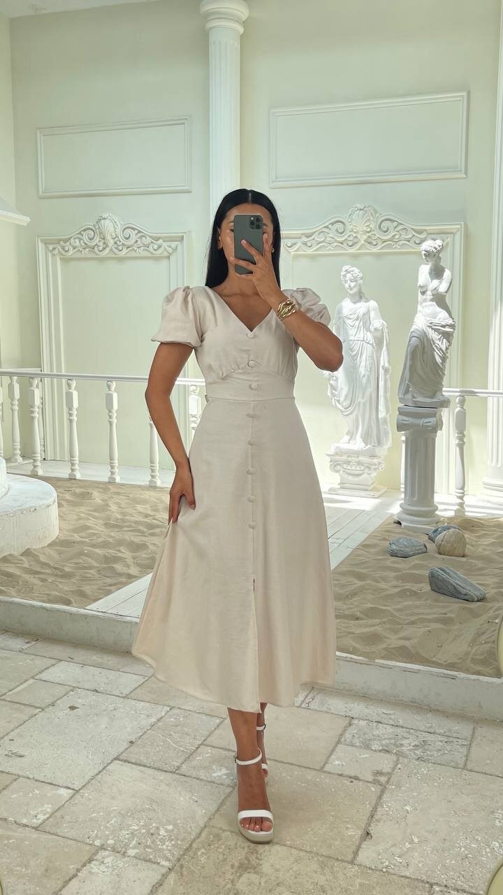 3773-BEJ KAYIK YAKA DÜĞMELİ KETEN ELBİSE