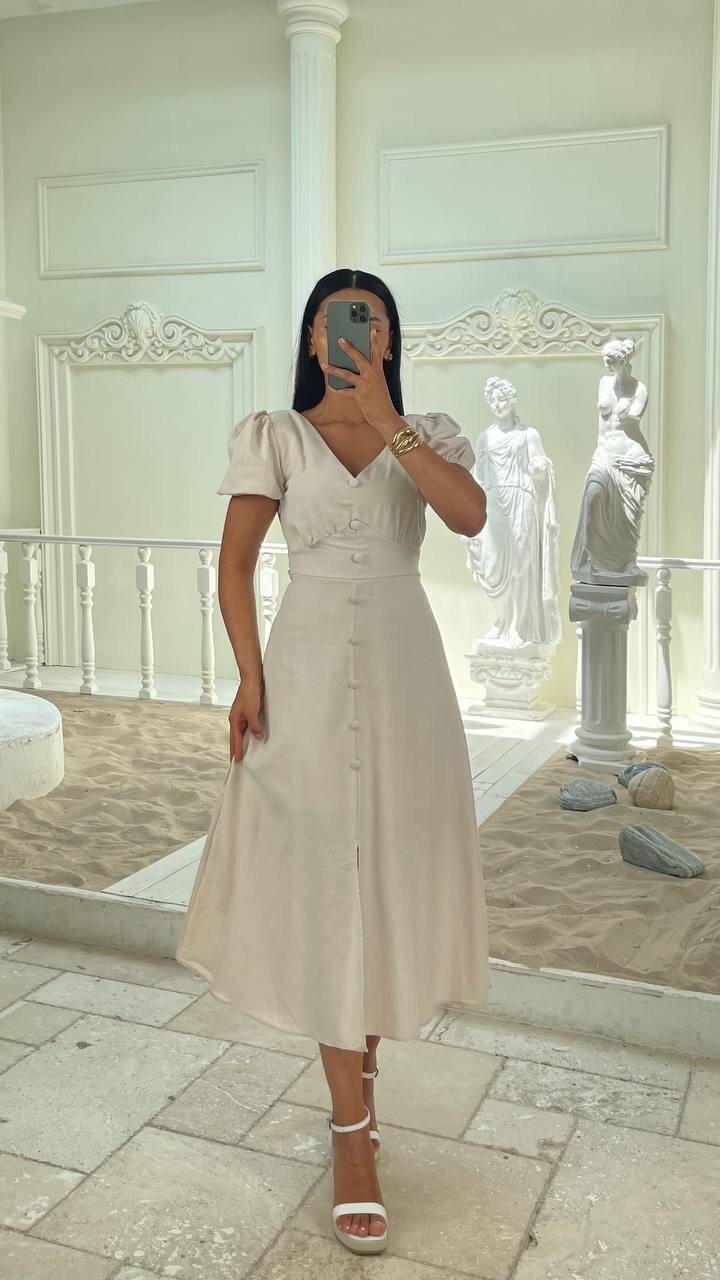 3773-BEJ KAYIK YAKA DÜĞMELİ KETEN ELBİSE