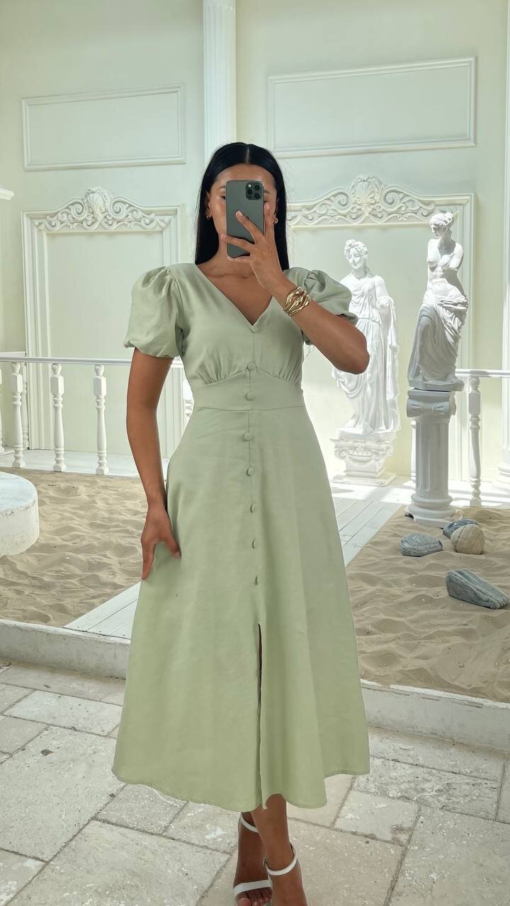 3773-ÇAĞLA KAYIK YAKA DÜĞMELİ KETEN ELBİSE