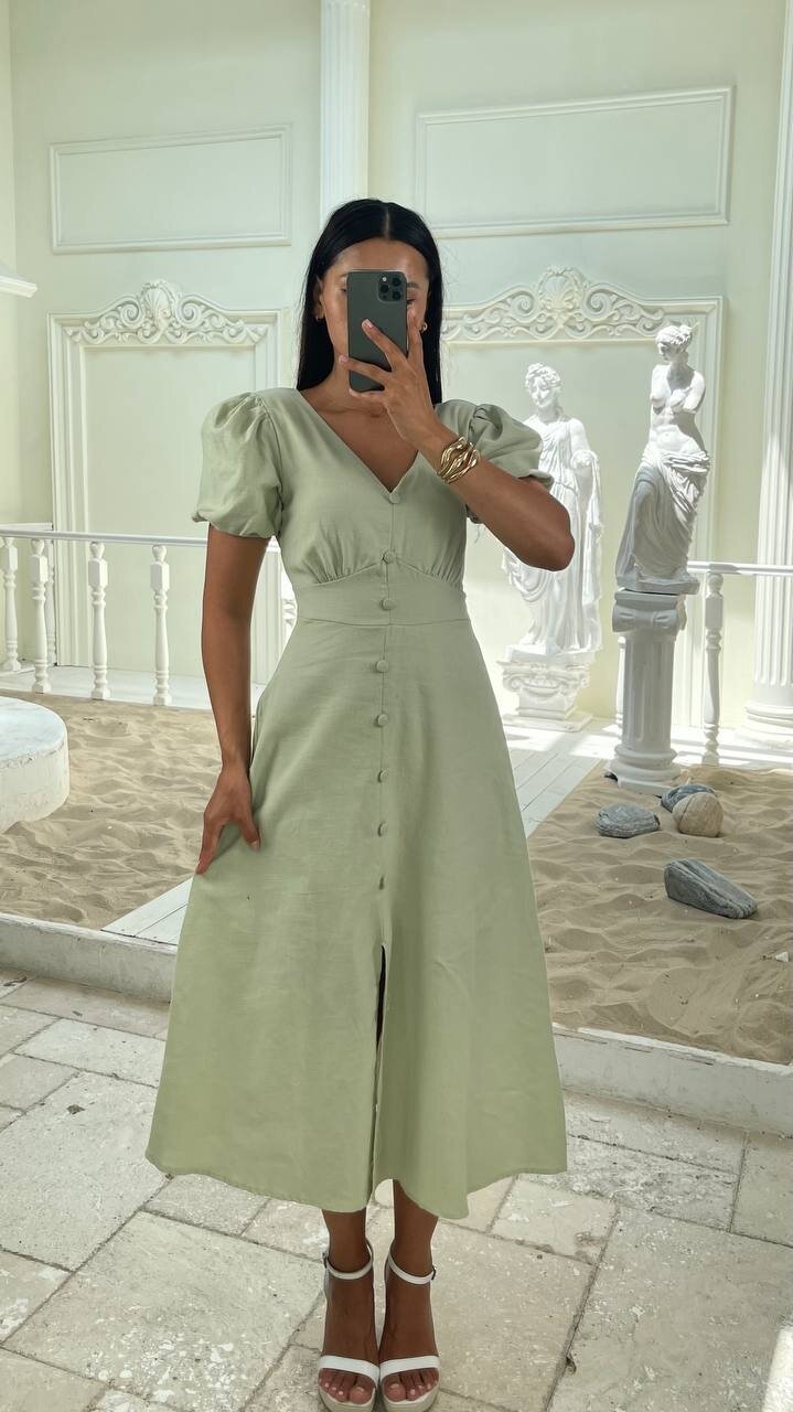 3773-ÇAĞLA KAYIK YAKA DÜĞMELİ KETEN ELBİSE