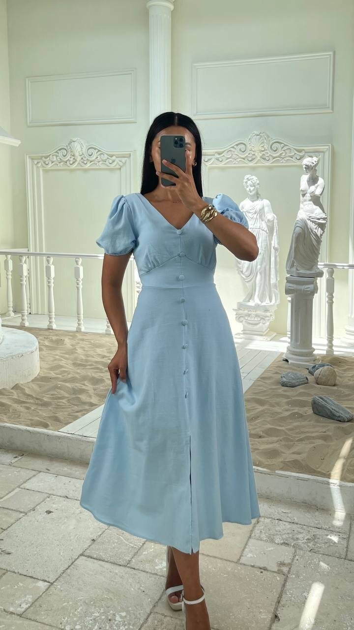 3773-MAVİ KAYIK YAKA DÜĞMELİ KETEN ELBİSE