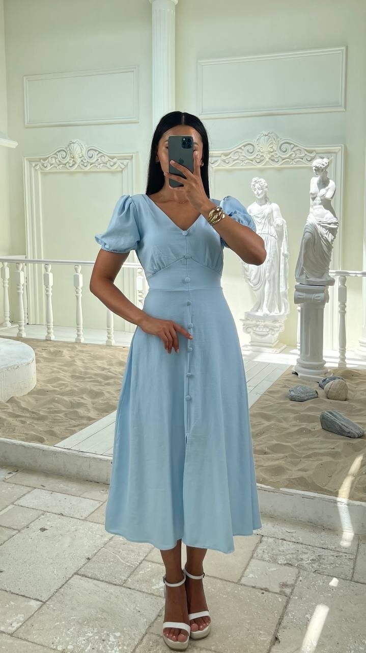 3773-MAVİ KAYIK YAKA DÜĞMELİ KETEN ELBİSE