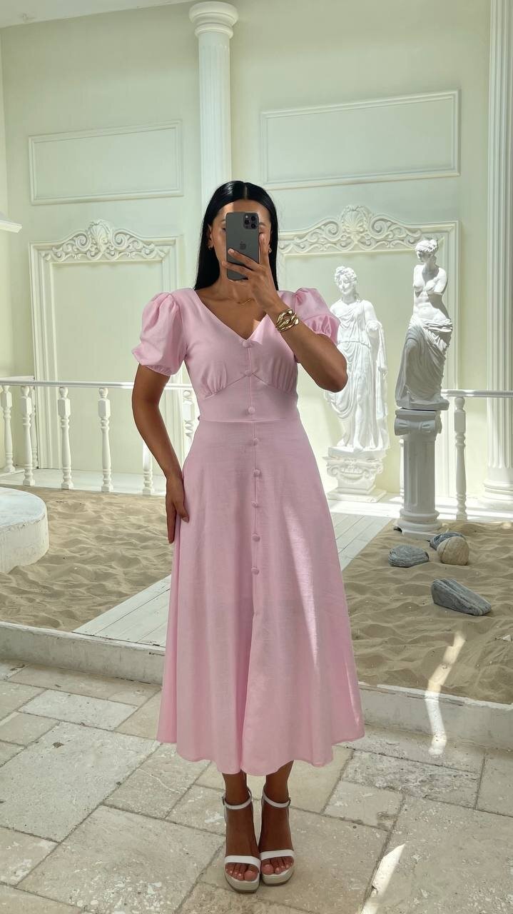 3773-PEMBE KAYIK YAKA DÜĞMELİ KETEN ELBİSE