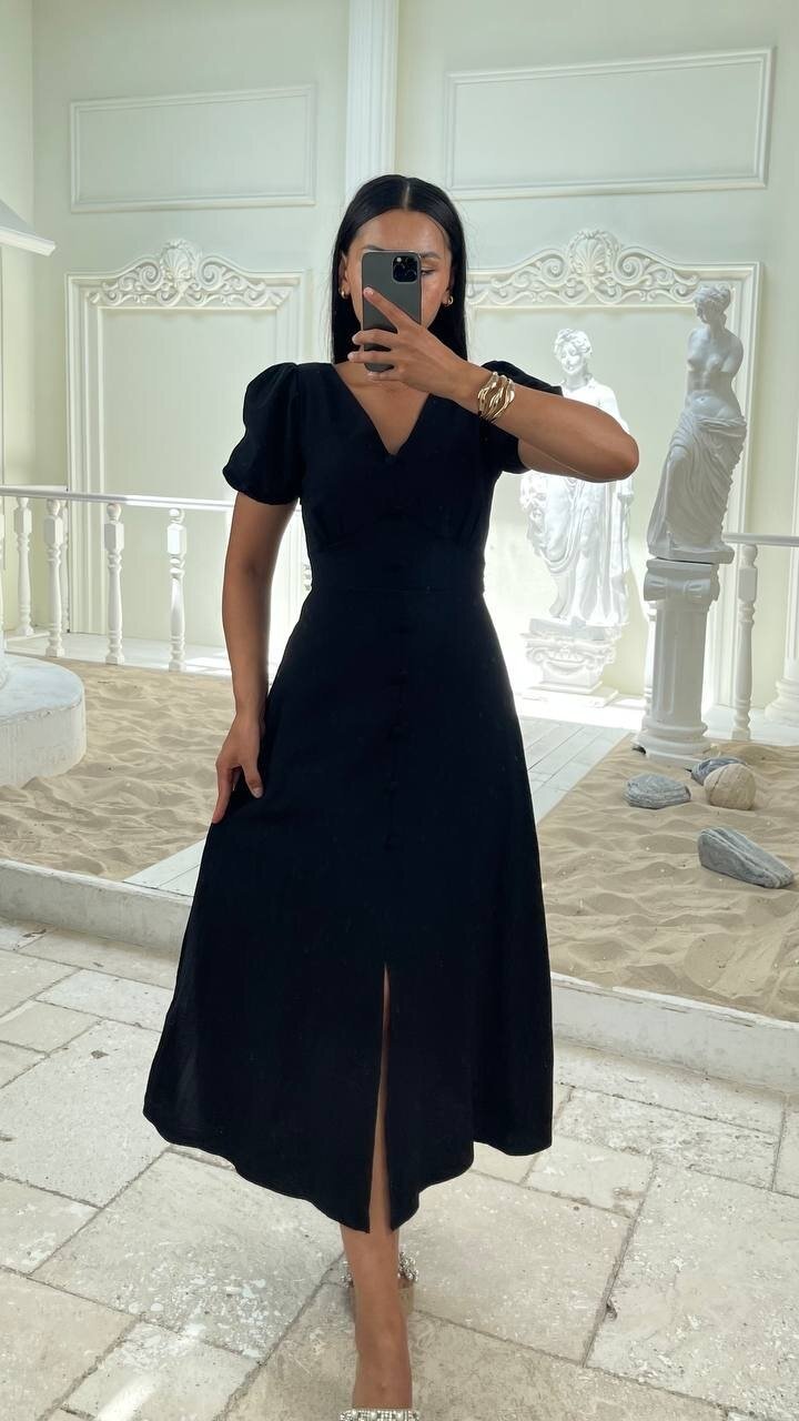 3773-SİYAH KAYIK YAKA DÜĞMELİ KETEN ELBİSE