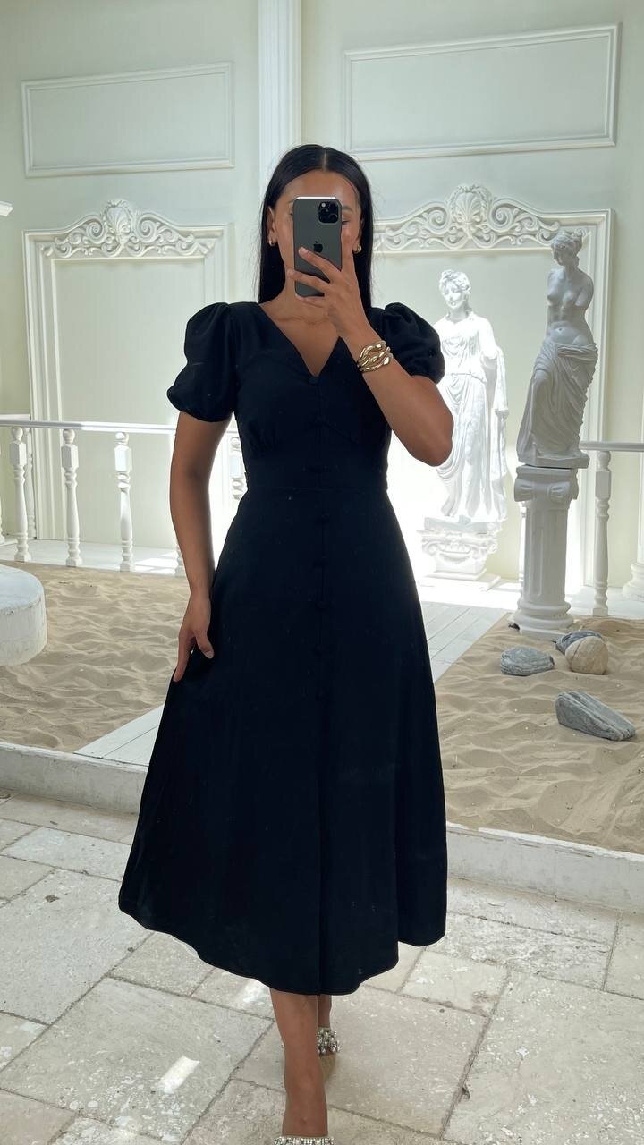 3773-SİYAH KAYIK YAKA DÜĞMELİ KETEN ELBİSE