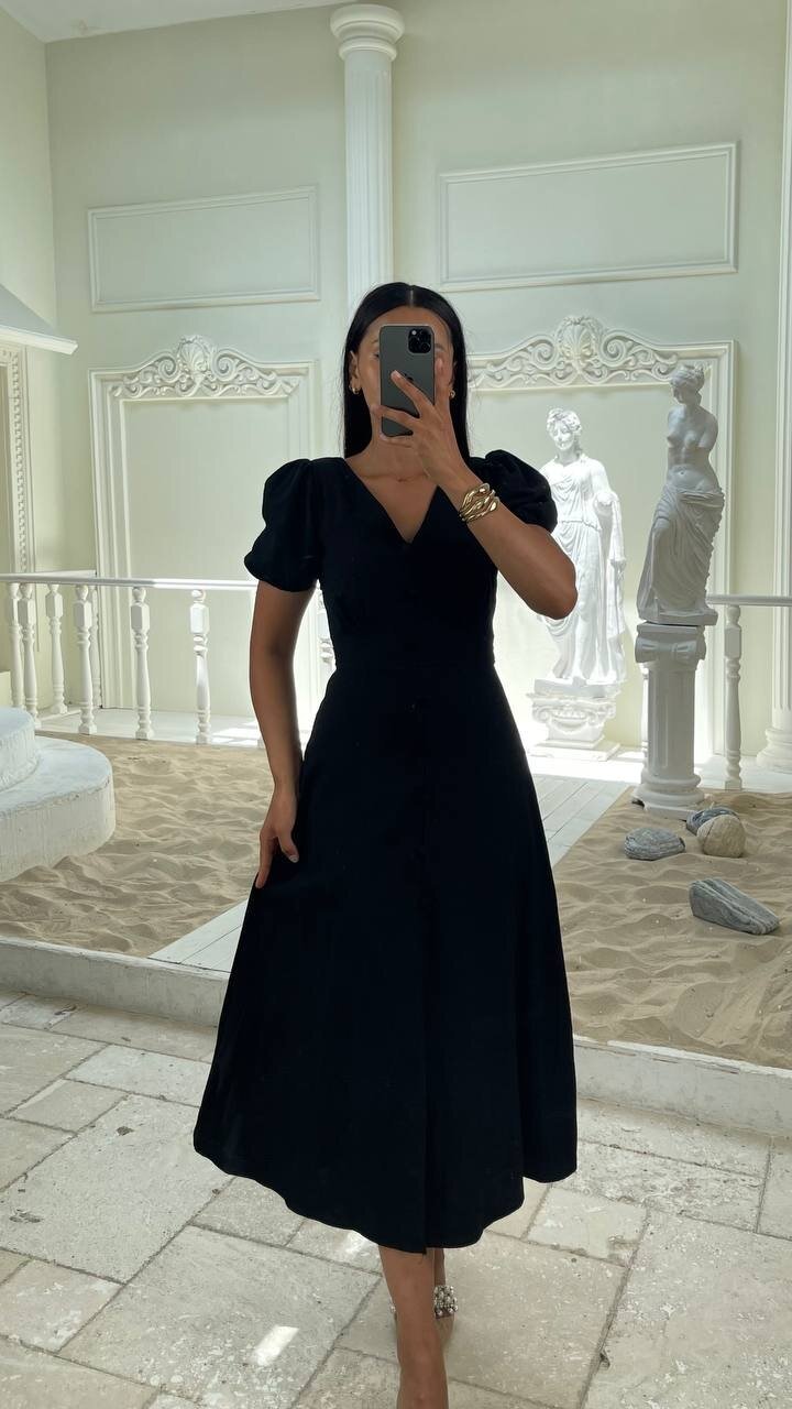 3773-SİYAH KAYIK YAKA DÜĞMELİ KETEN ELBİSE