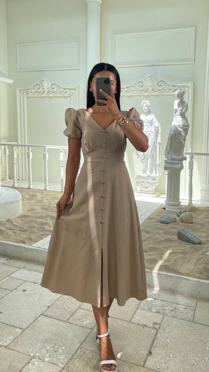 3773-VİZON KAYIK YAKA DÜĞMELİ KETEN ELBİSE