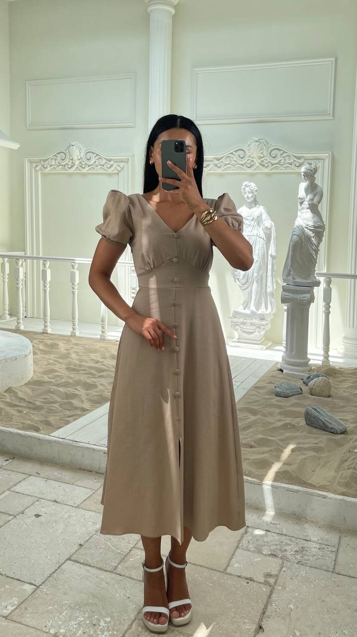 3773-VİZON KAYIK YAKA DÜĞMELİ KETEN ELBİSE