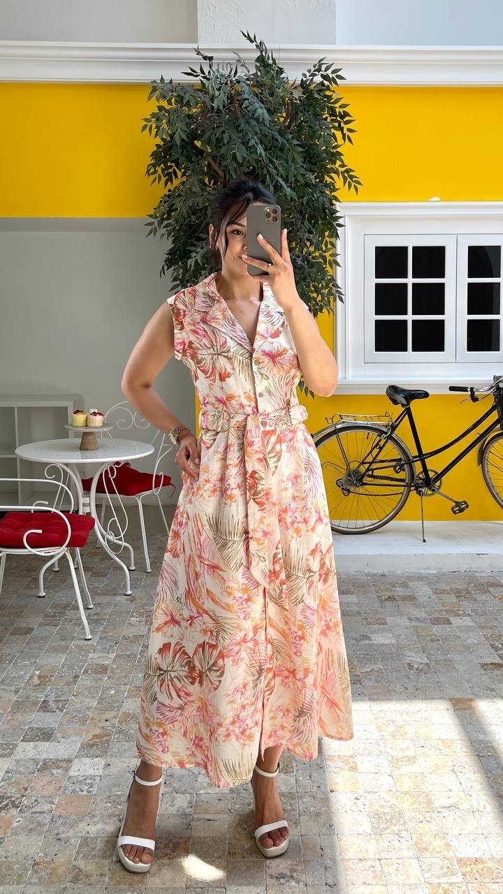 3774 ÇİÇEK DESEN YAKALI KETEN ELBİSE