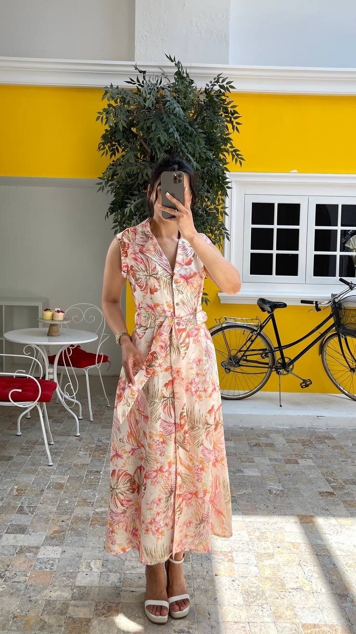 3774 ÇİÇEK DESEN YAKALI KETEN ELBİSE