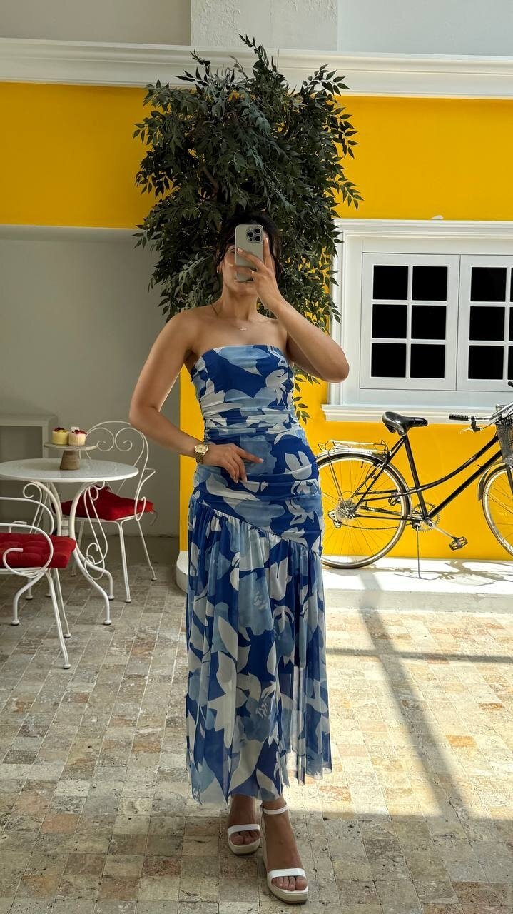 3775-MAVİ DRAPELİ ELBİSE