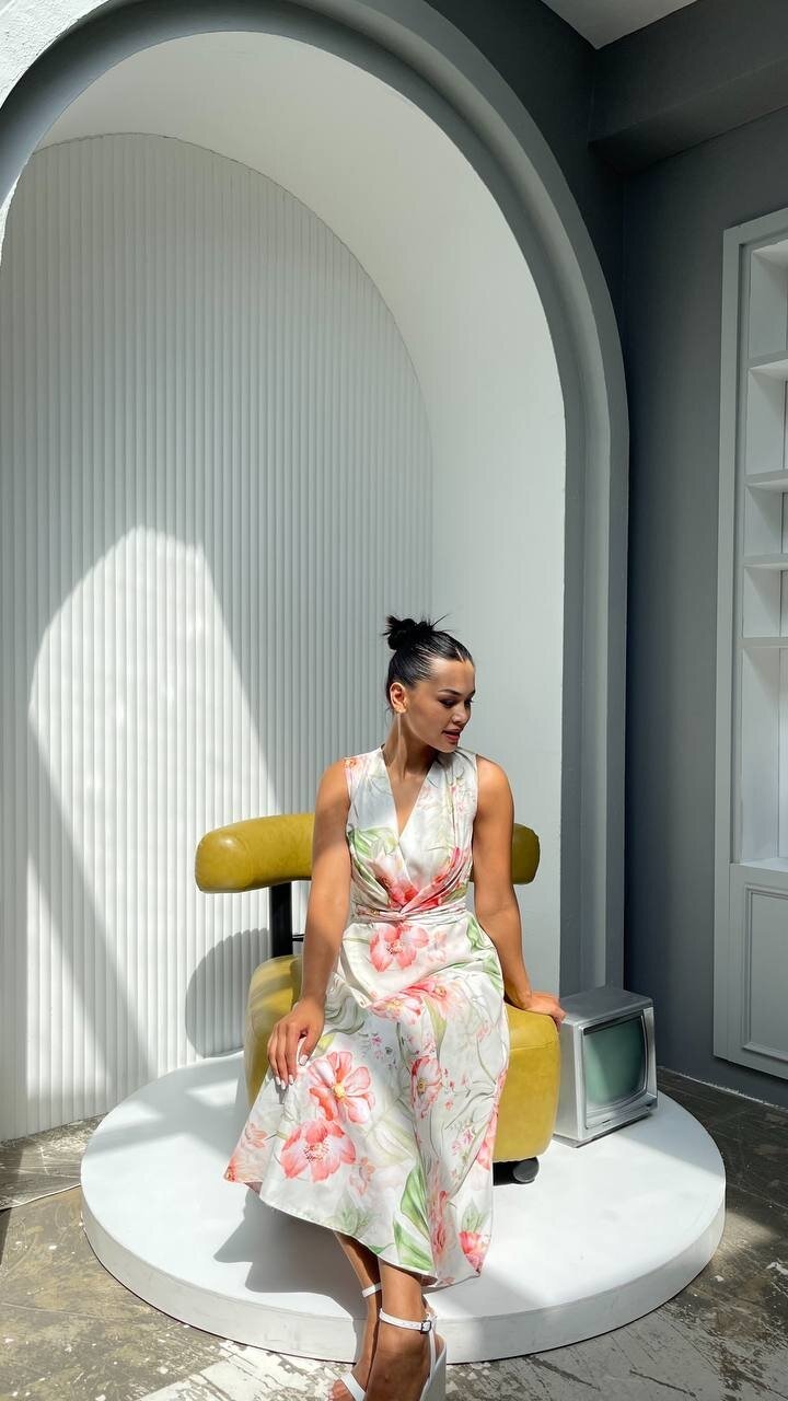 3776-YEŞİL ÇİÇEKLİ KRUVAZE ELBİSE