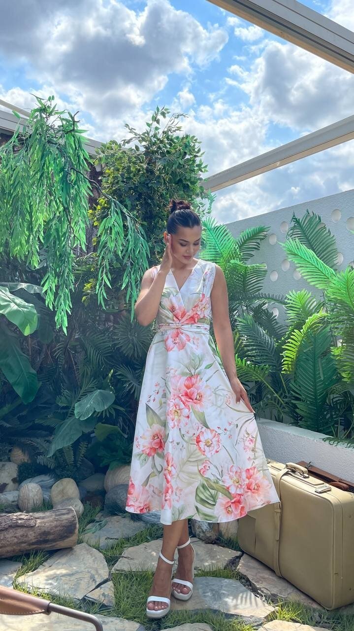 3776-YEŞİL ÇİÇEKLİ KRUVAZE ELBİSE